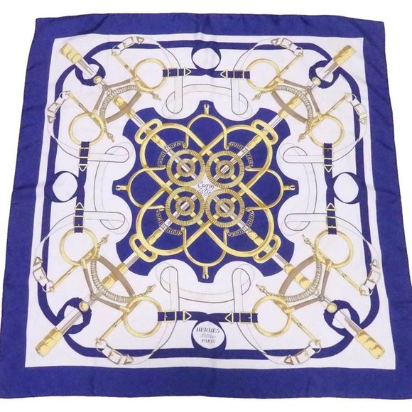 Hermes Accessories - Auth HERMES Carre 90 Sellier Eperon d'Or Scarf Blue/White/Multicolor